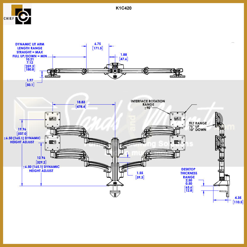 Chief Kontour Dynamic Column Desk Mount K1C420S, quad monitor arm dimensions diagram