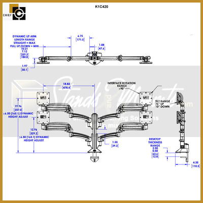 Chief Kontour Dynamic Column Desk Mount K1C420S, quad monitor arm dimensions diagram