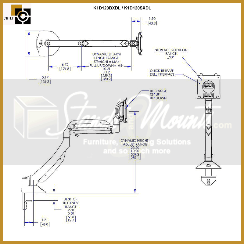 Chief Kontour K1D120B with Dell UltraSharp Interface K1D120BXDL, keyboard arm dimensions and adjustment range diagram