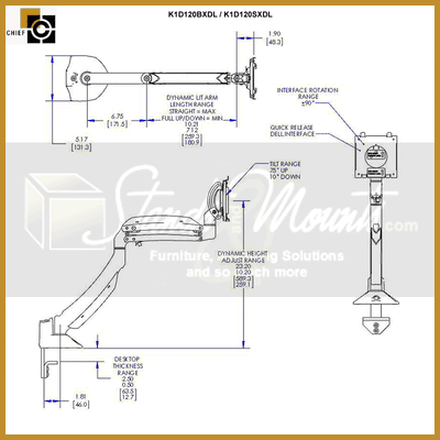 Chief Kontour K1D120B with Dell UltraSharp Interface K1D120BXDL, keyboard arm dimensions and adjustment range diagram