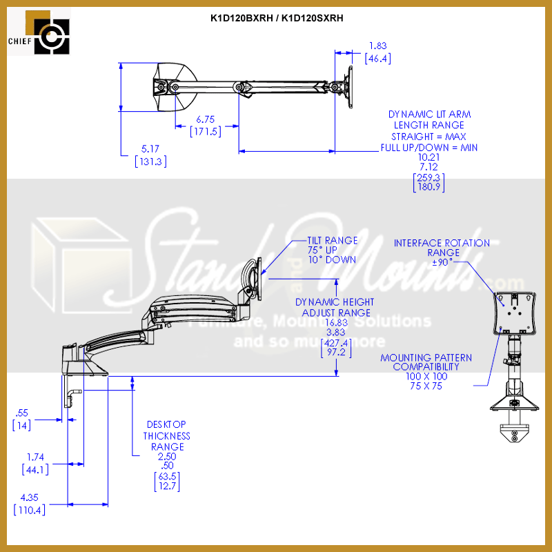 Chief Kontour Single Dynamic Desk Mount K1D120SXRH, dual-monitor desk mount technical dimensions