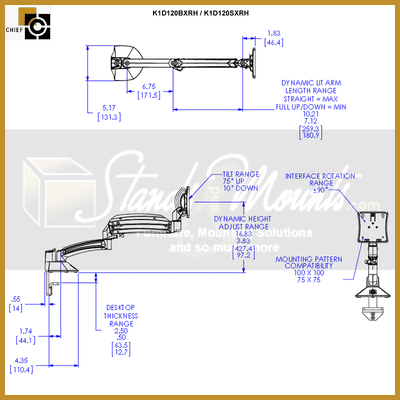 Chief Kontour Single Dynamic Desk Mount K1D120SXRH, dual-monitor desk mount technical dimensions