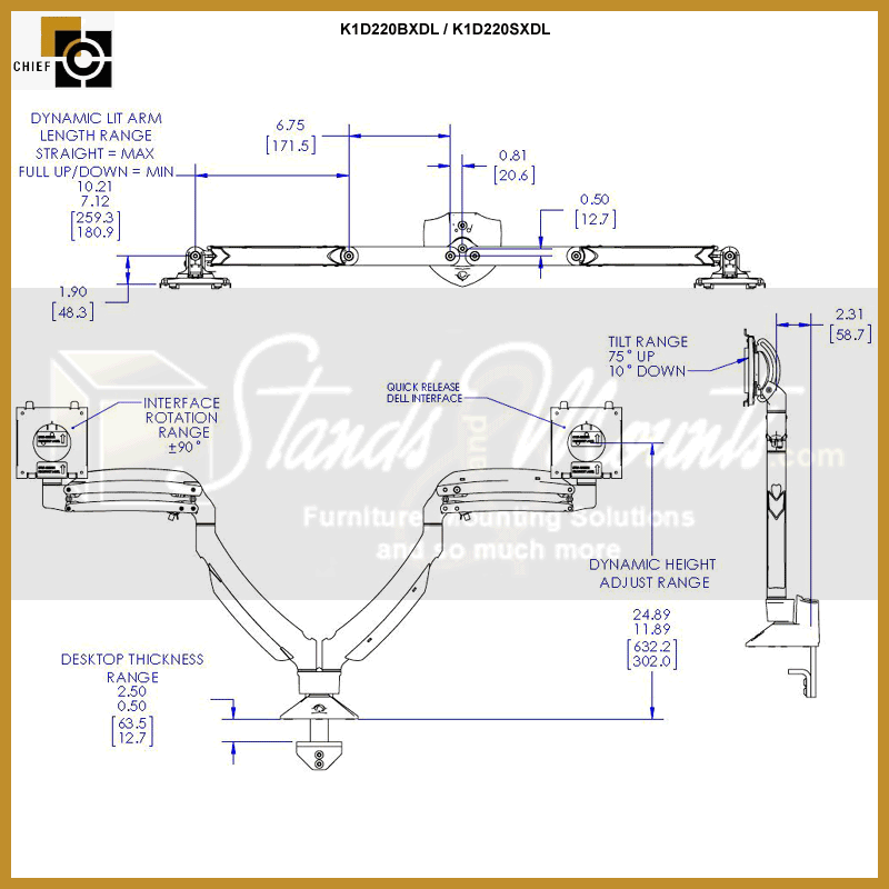 Chief Kontour K1D220B with Dell UltraSharp Interface K1D220BXDL, keyboard arm dimensions and adjustment range diagram