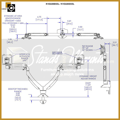 Chief Kontour K1D220B with Dell UltraSharp Interface K1D220BXDL, keyboard arm dimensions and adjustment range diagram