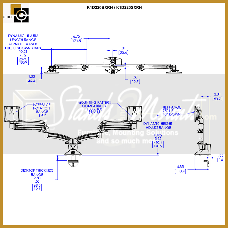 Chief Kontour Dual Dynamic Desk Mount K1D220SXRH, dual-monitor dynamic arm dimensions diagram