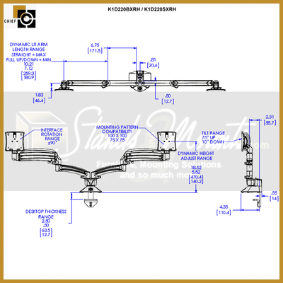 Chief Kontour Dual Dynamic Desk Mount K1D220SXRH, dual-monitor dynamic arm dimensions diagram