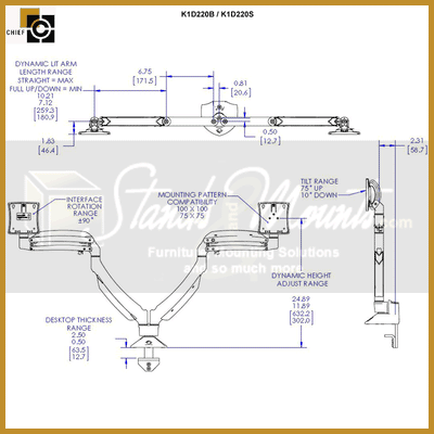 Chief TAA Compliant Dynamic Clamp Mount K1D220S-G, dual-monitor desk arm dimensions diagram