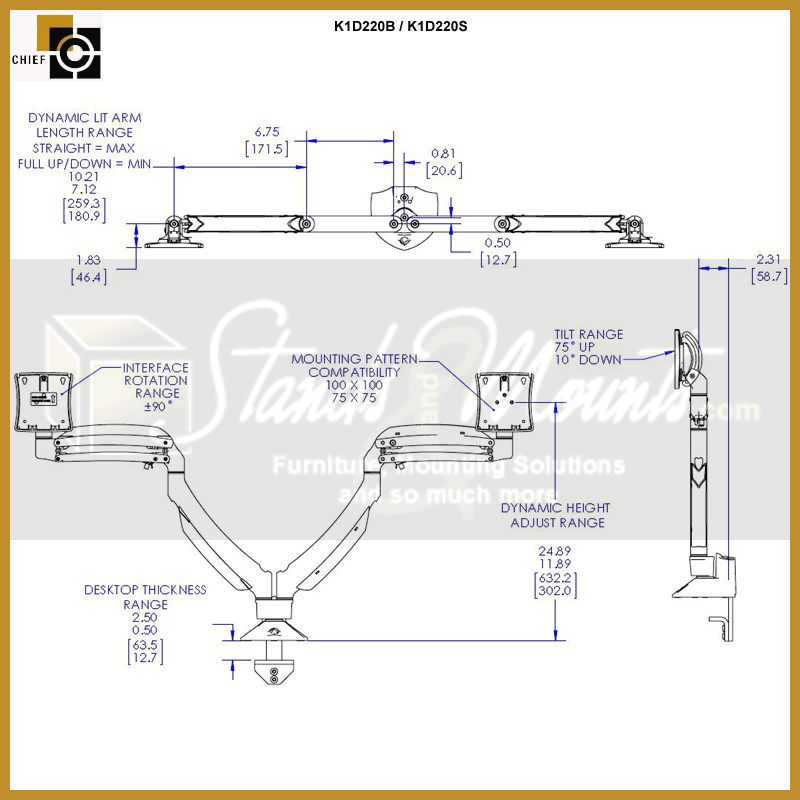 Chief TAA Compliant Dynamic Clamp Mount K1D220B-G, dual-monitor desk arm dimensions diagram