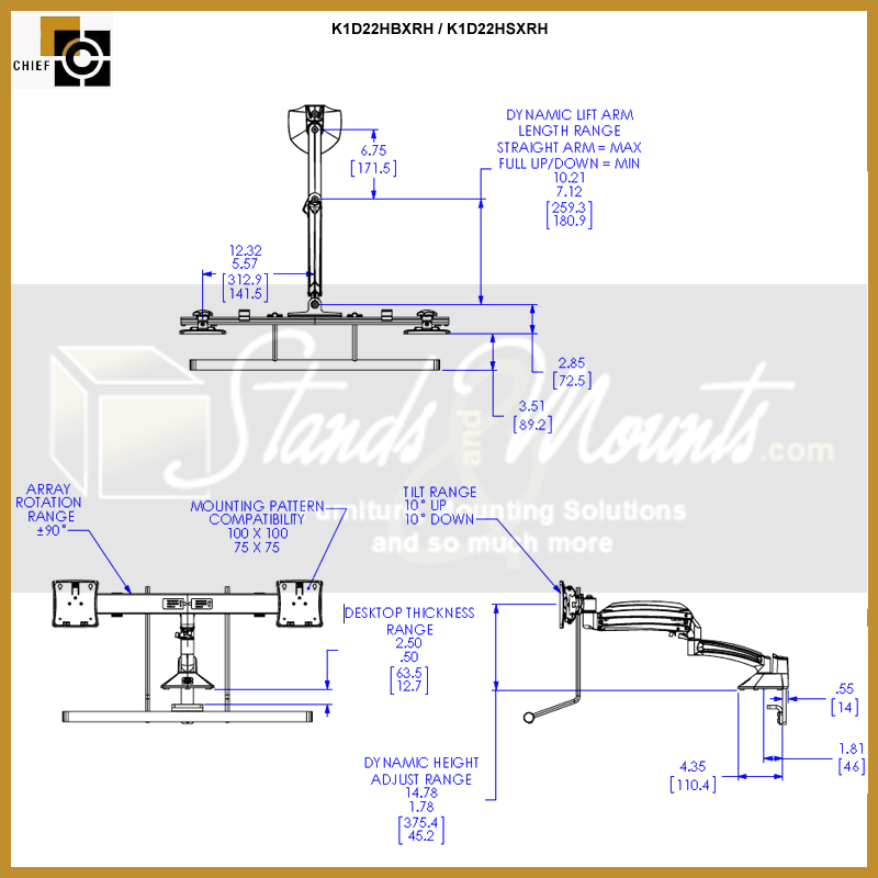 Chief Kontour Dual Array Dynamic Desk Mount K1D22HSXRH, triple monitor arm dimensions diagram