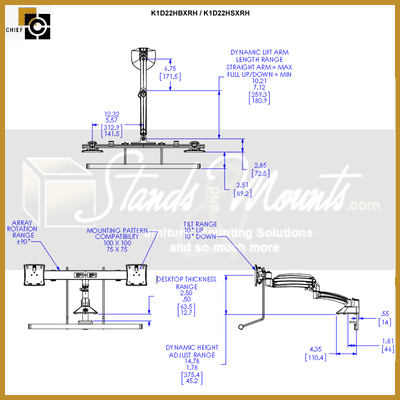 Chief Kontour Dual Array Dynamic Desk Mount K1D22HSXRH, triple monitor arm dimensions diagram