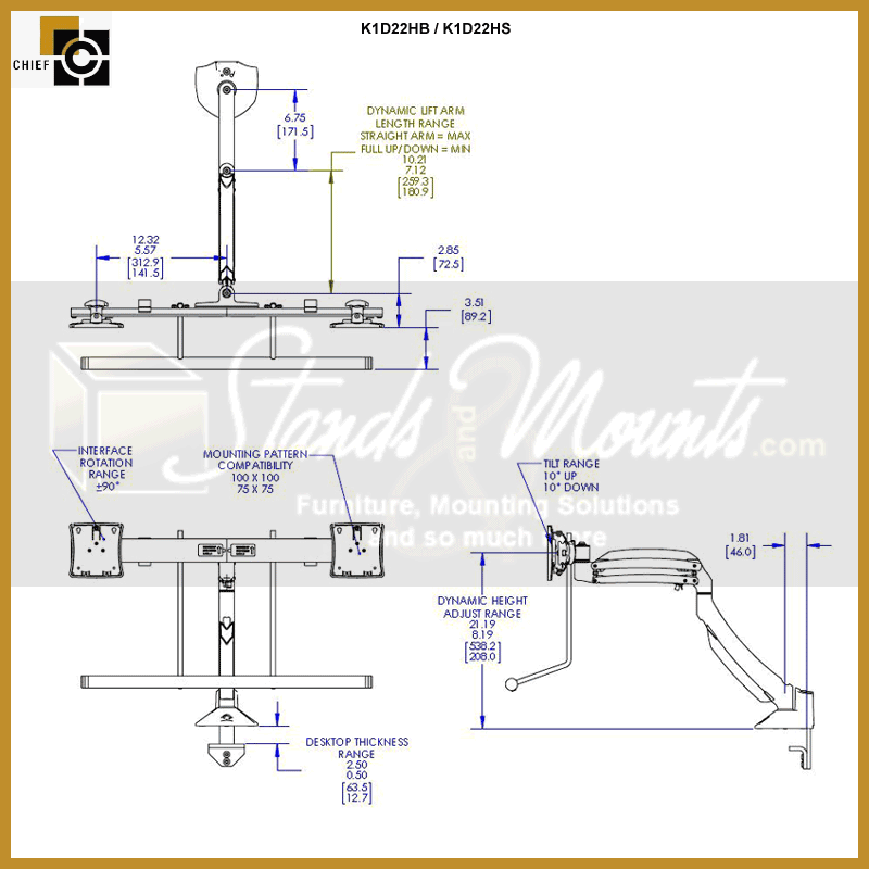 Chief Kontour Dynamic Desk Mount Array K1D22HB, triple-monitor desk arm dimensions diagram