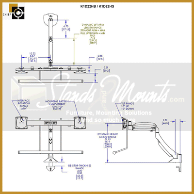Chief Kontour Dynamic Desk Mount Array K1D22HB, triple-monitor desk arm dimensions diagram