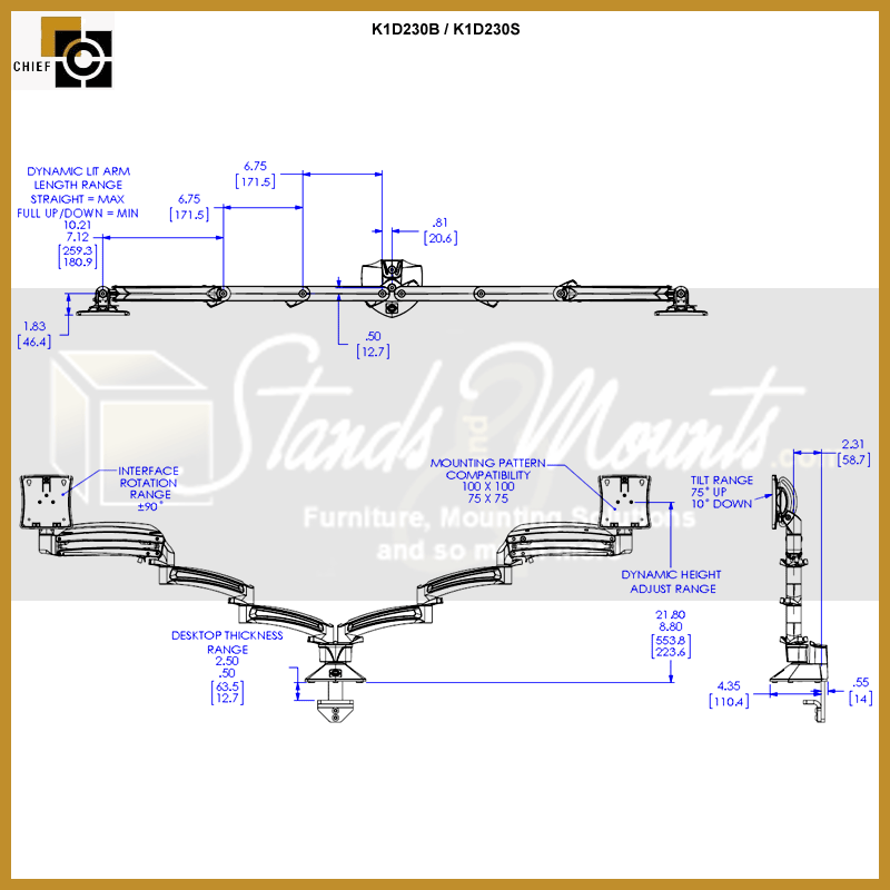 Chief Kontour Extended Reach Dynamic Desk Mount K1D230B, triple monitor arm dimensions diagram