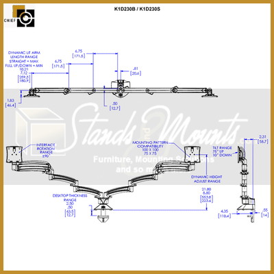 Chief Kontour Extended Reach Dynamic Desk Mount K1D230B, triple monitor arm dimensions diagram