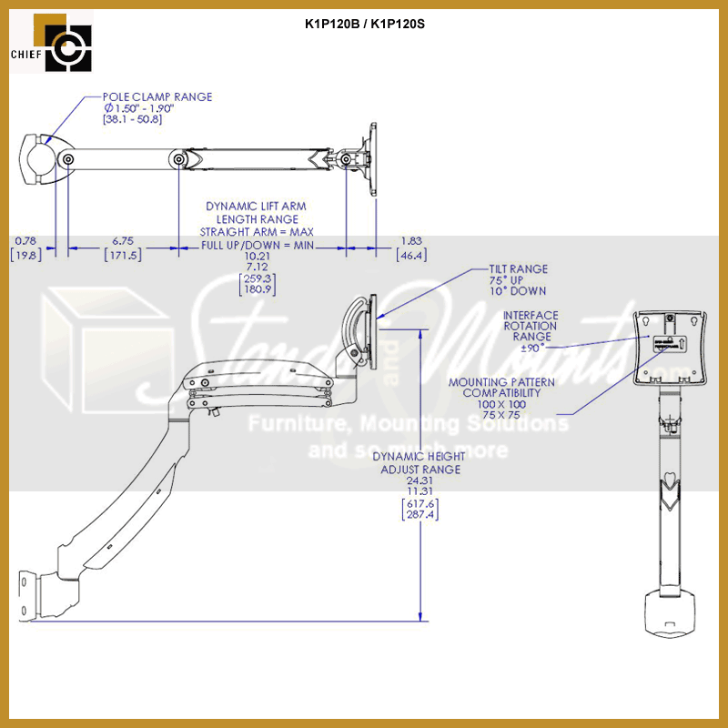 Chief Kontour Dynamic Pole Mount K1P120B, projector pole mount range diagram