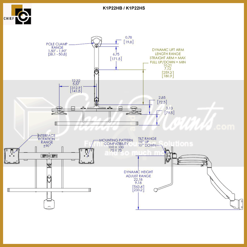Chief Kontour Dynamic Array Pole Mount K1P22HB, dual-monitor desk arm dimensions diagram