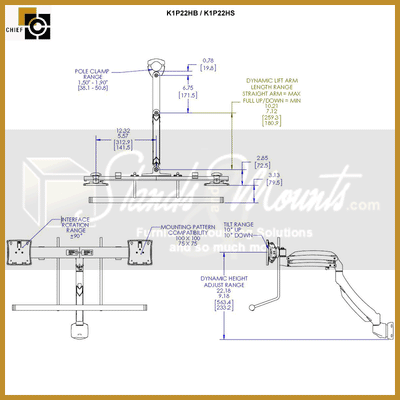 Chief Kontour Dynamic Array Pole Mount K1P22HB, dual-monitor desk arm dimensions diagram