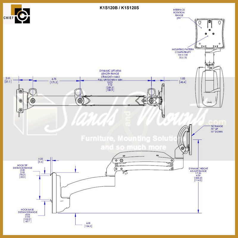 Chief Kontour Dynamic Slat Wall Mount K1S120S, dual-monitor wall mount dimensions diagram