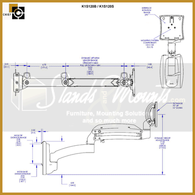 Chief Kontour Dynamic Slat Wall Mount K1S120S, dual-monitor wall mount dimensions diagram