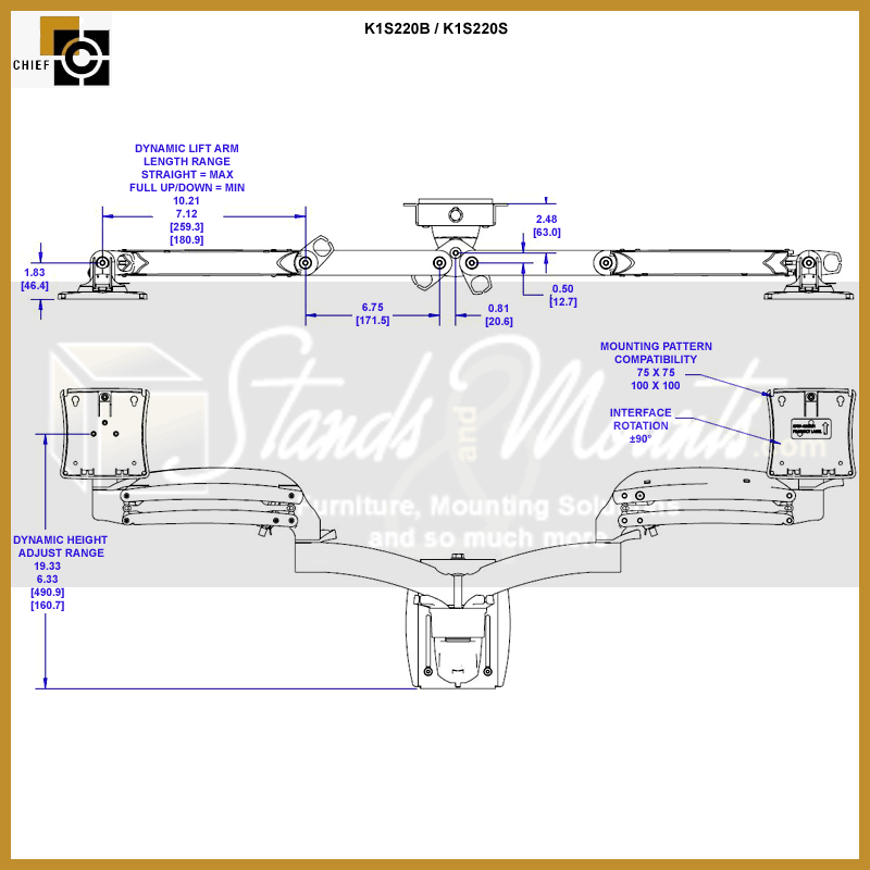 Chief Kontour Dynamic Slat Wall Mount K1S220B, dual monitor wall arm front dimensions diagram