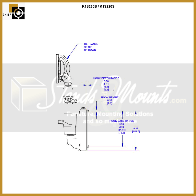 Chief Kontour Dynamic Slat Wall Mount K1S220S, dual monitor wall arm side dimensions diagram