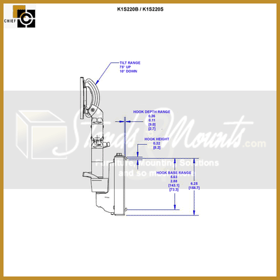Chief Kontour Dynamic Slat Wall Mount K1S220S, dual monitor wall arm side dimensions diagram