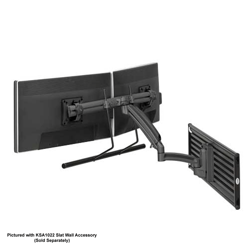 Chief Kontour Dynamic Array Slat Wall Mount K1S22HB, dual monitor arm installed rear perspective
