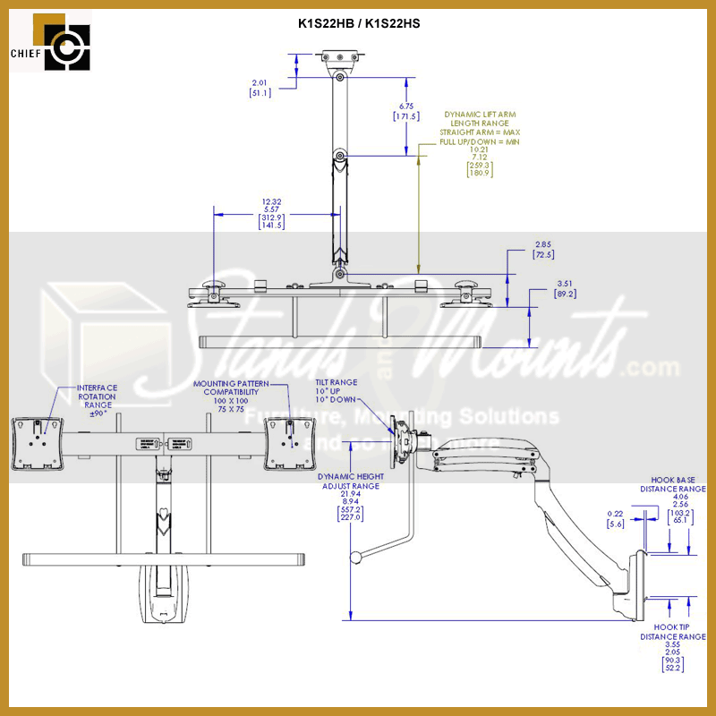 Chief Kontour Dynamic Array Slat Wall Mount K1S22HB, portable screen dimensions diagram
