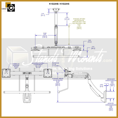 Chief Kontour Dynamic Array Slat Wall Mount K1S22HB, portable screen dimensions diagram