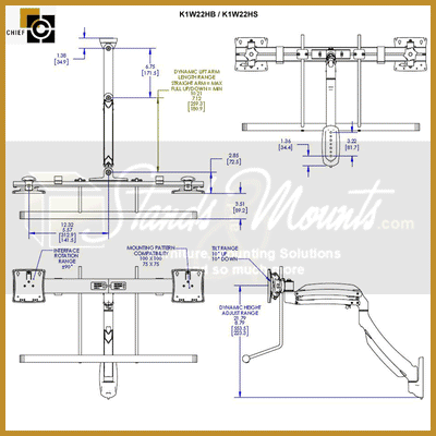 Chief Kontour Dynamic Array Wall Mount K1W22HS, dual monitor arm dimensions diagram