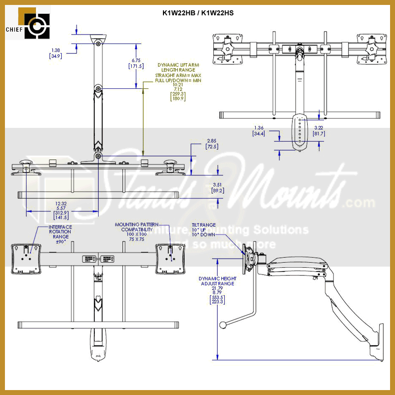 Chief Kontour Dynamic Array Wall Mount K1W22HB, dual monitor arm dimensions diagram