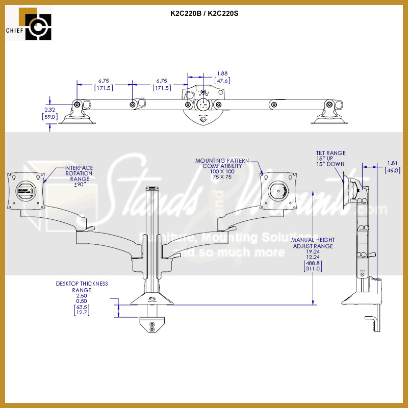 Chief Kontour Column Desk Mount K2C220B, wall mount technical dimensions diagram
