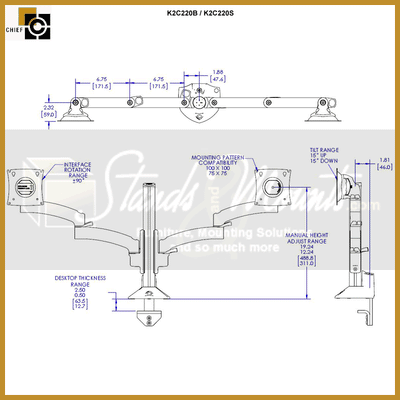 Chief Kontour Column Desk Mount K2C220B, wall mount technical dimensions diagram
