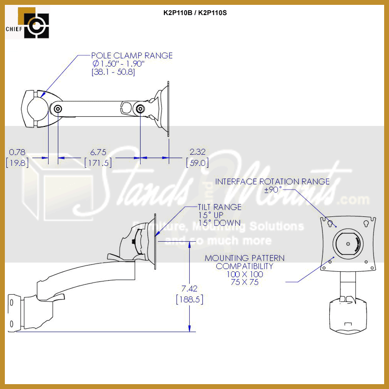 Chief Kontour Pole Mount Swing Arm K2P110S, articulating pole mount dimensions diagram