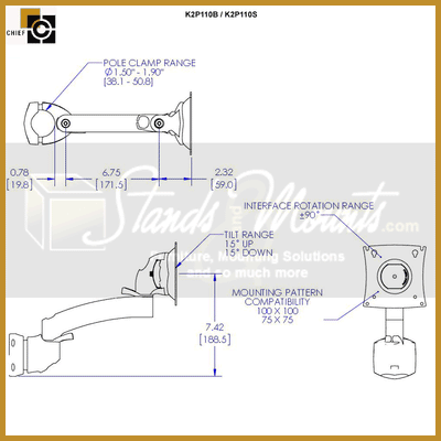 Chief Kontour Pole Mount Swing Arm K2P110S, articulating pole mount dimensions diagram