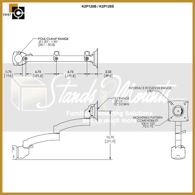 Chief Kontour Pole Mount Swing Arm K2P120S, articulating pole mount dimensions and clamp range