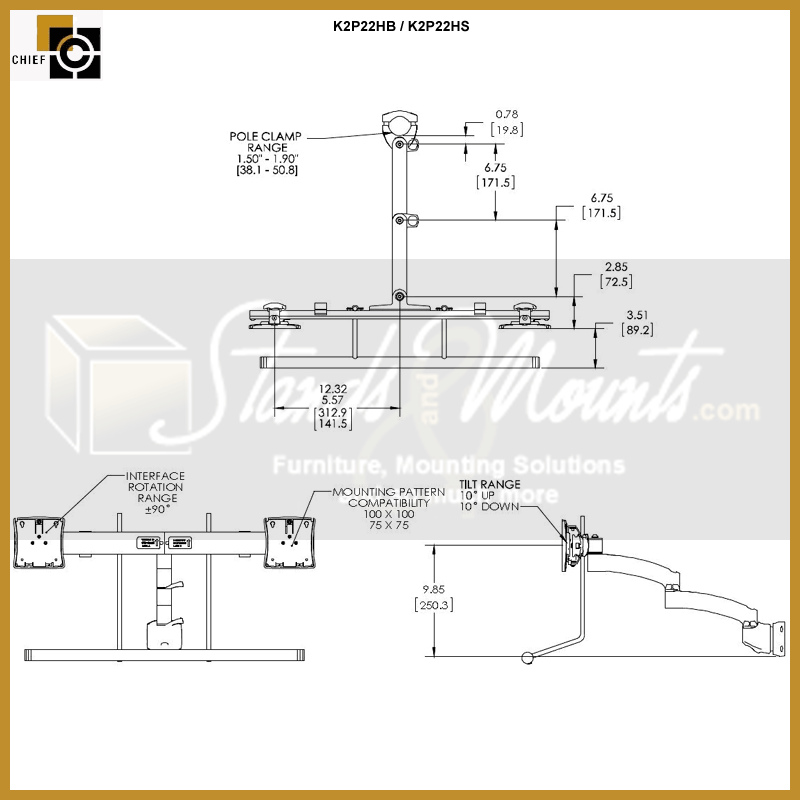Chief Kontour Array Pole Mount Swing Arm K2P22HS, projector ceiling mount technical dimensions