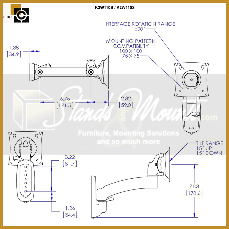 Chief Kontour Wall Mount Swing Arm K2W110B, desk monitor arm dimensions diagram
