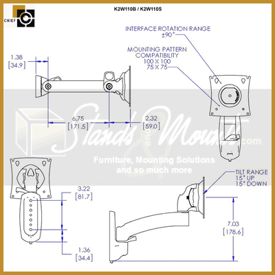 Chief Kontour Wall Mount Swing Arm K2W110B, desk monitor arm dimensions diagram
