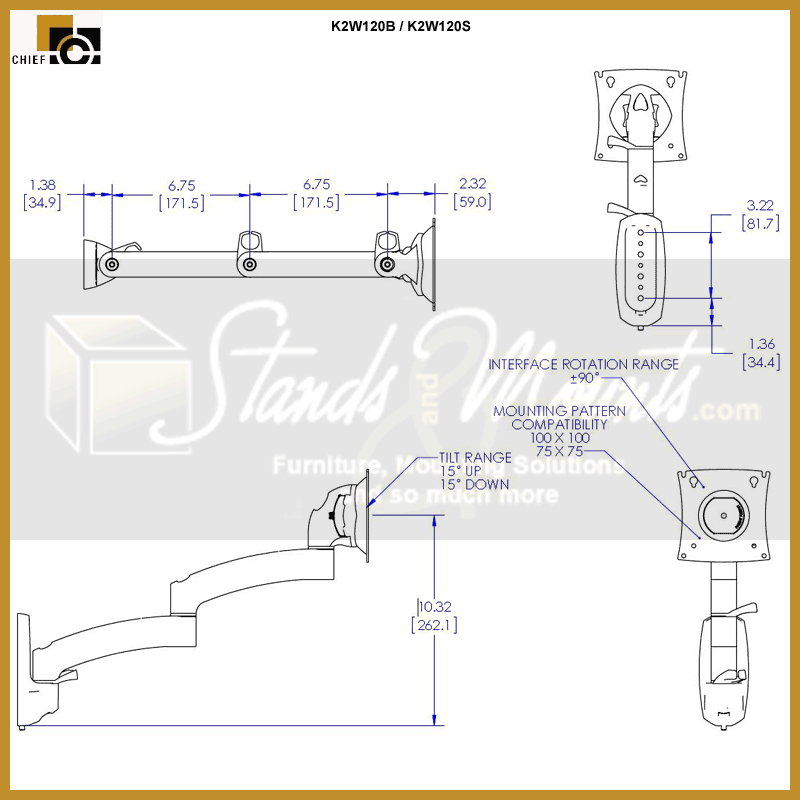 Chief Kontour Wall Mount Swing Arm K2W120B, monitor arm dimensions diagram