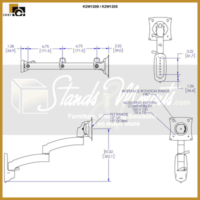 Chief Kontour Wall Mount Swing Arm K2W120B, monitor arm dimensions diagram