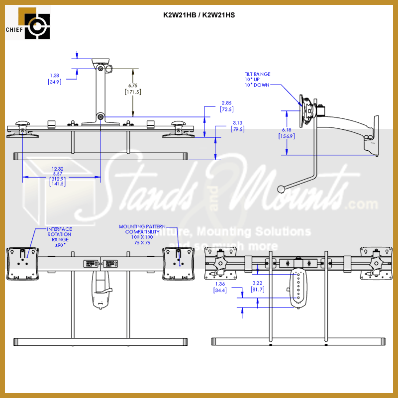 Chief Kontour Array Wall Mount Swing Arm K2W21HS, dual-monitor wall mount dimensions diagram
