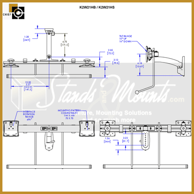 Chief Kontour Array Wall Mount Swing Arm K2W21HS, dual-monitor wall mount dimensions diagram