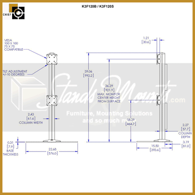 Chief Kontour Free Standing Array Stand K3F120B, freestanding display mount dimensions diagram