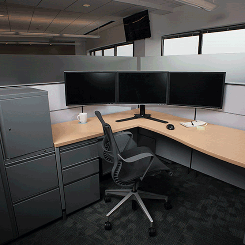 Chief Kontour Free Standing Monitor Array K3F310B, triple-monitor desk mount installed workstation view