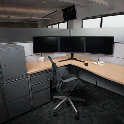 Chief Kontour Free Standing Monitor Array K3F310B, triple-monitor desk mount installed workstation view