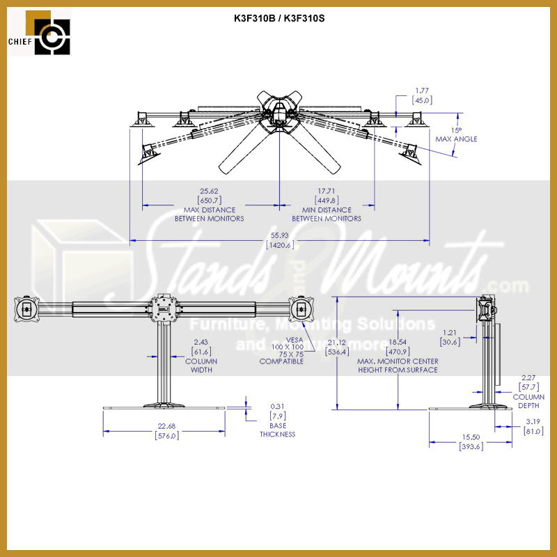 Chief Kontour Free Standing Monitor Array K3F310B, triple-monitor desk mount dimensions diagram