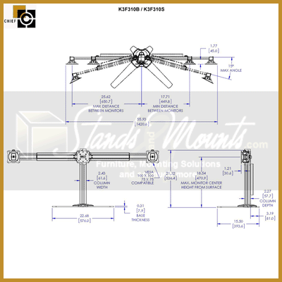 Chief Kontour Free Standing Monitor Array K3F310B, triple-monitor desk mount dimensions diagram