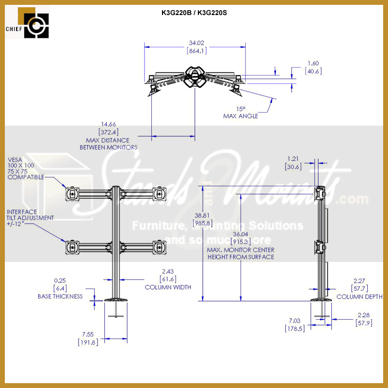 Chief Kontour Mount Array K3G220S, quad-monitor desk mount technical dimensions diagram