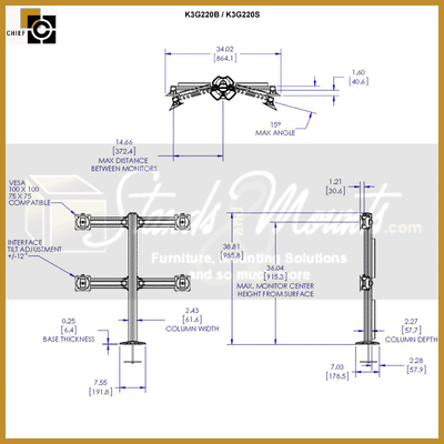Chief Kontour Mount Array K3G220S, quad-monitor desk mount technical dimensions diagram